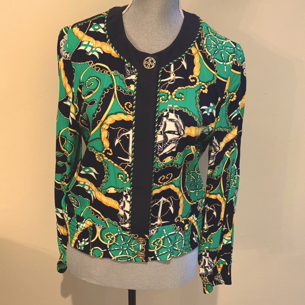 Vintage Petite Sophisticate Nautical Navy Green Button Up Lightweight Jacket 8